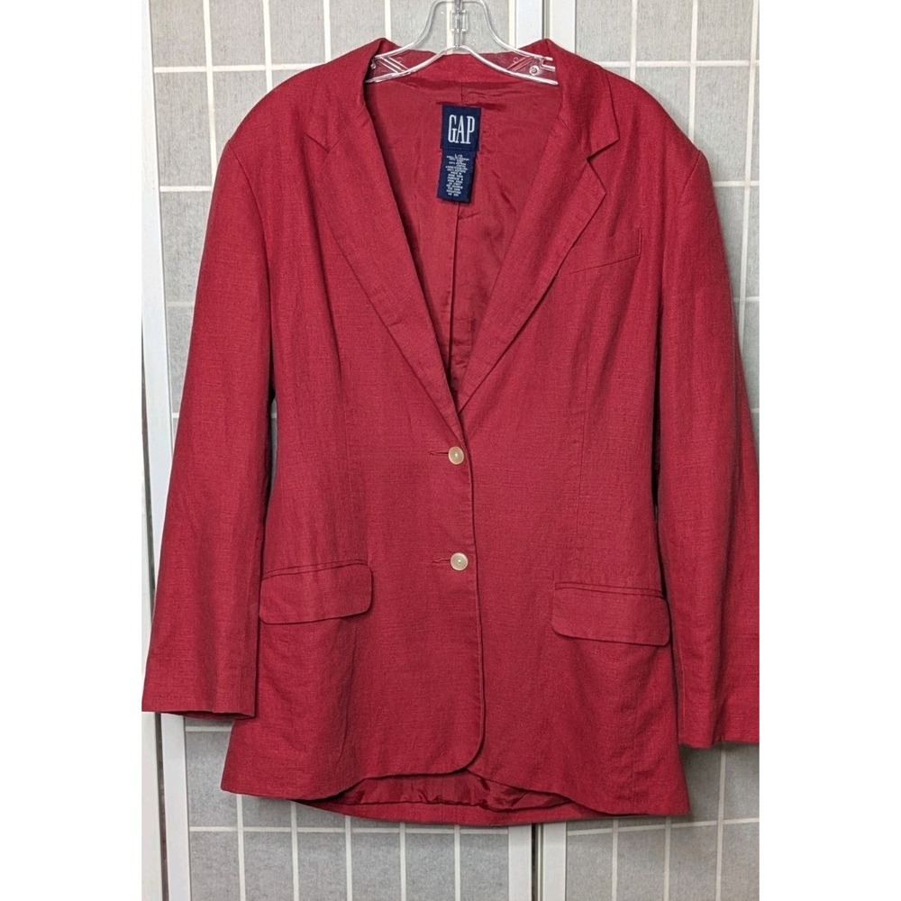 Gap Womens Blazer Excellent Condition Large Red Shoulder Pads Linen Cotton Blend
